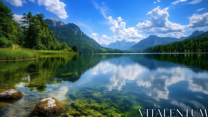 Mountain lake mirror with clear water and summer sky.