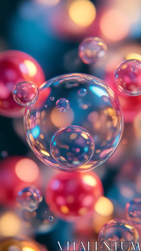 Rendered translucent spheres float amid defocused colored lights