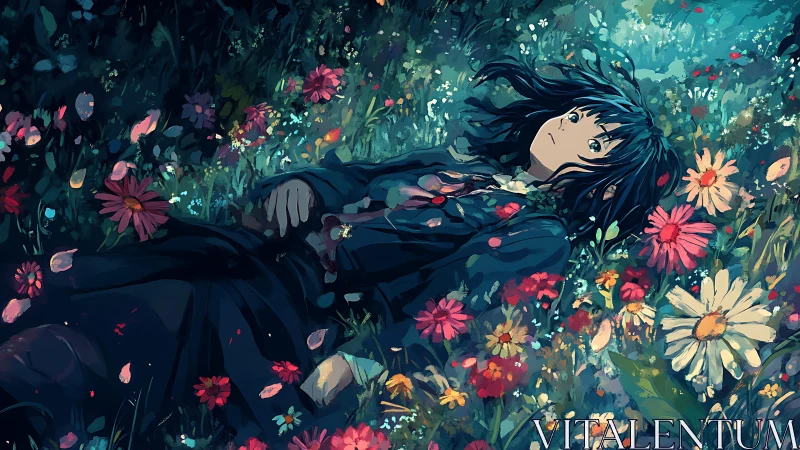 Girl in dark clothing lying in dense colorful flower field.