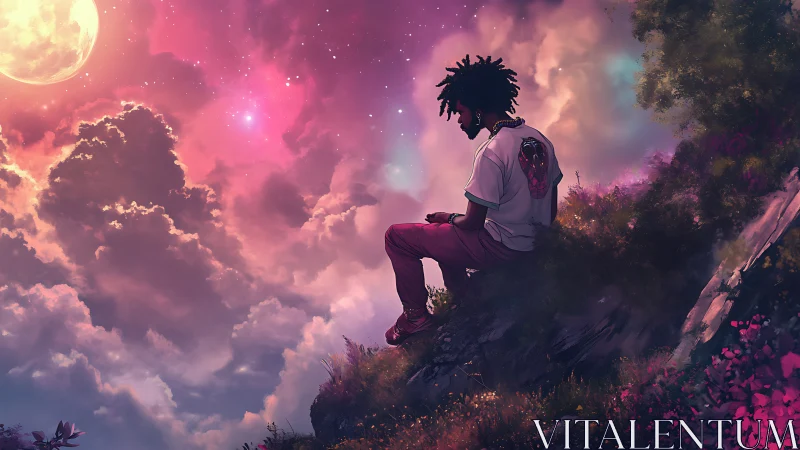 Moonlit dreamer perched on a cliff of neon twilight skies.