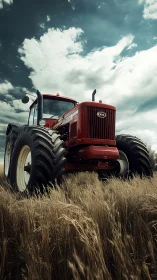 Red titan tractor storms through golden wheat under brooding sky.