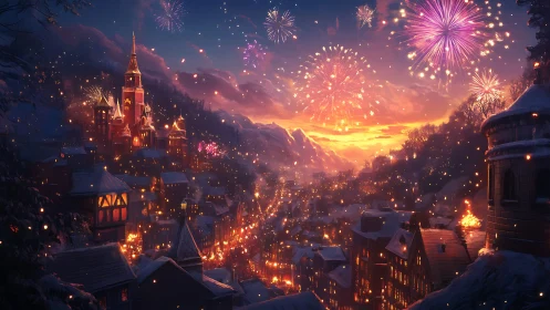 Snowlit festival town under spellbound twilight fireworks.