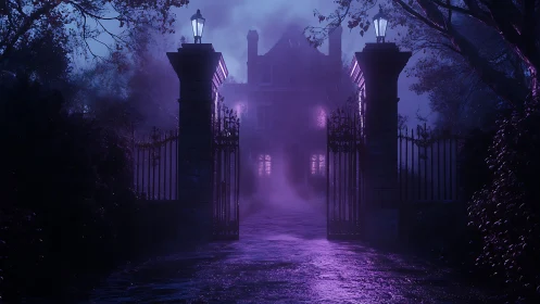 Fog-drenched Victorian manor gate under violet nocturnal lighting