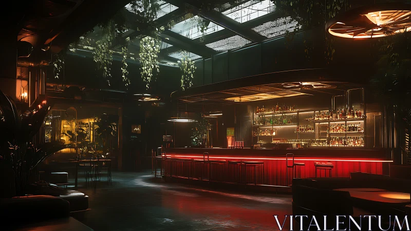 Neon red cocktail bar beneath skylit hanging garden canopy.