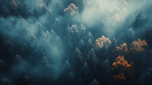 Misty Coniferous Forest with Ethereal Crepuscular Lighting and Autumn Transition.