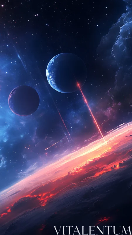 Binary planets hover above burning horizon in deep space.