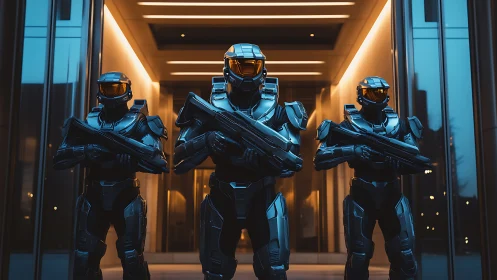 Steel sentinels stride from neon vaults of tomorrow night.