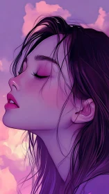 Side profile portrait shows serene woman in purple light