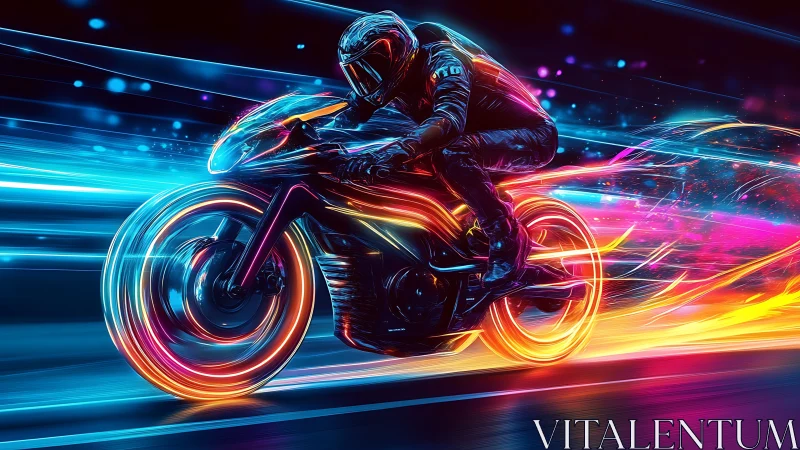 Neon racing bike cuts through futuristic light trails.