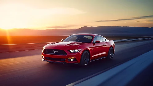 Red sports coupe driving on highway at sunset light.