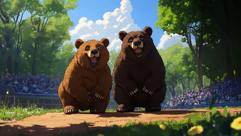 Two stylized brown bears stand on a track before stadium crowd