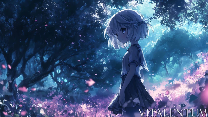 Twilight blossoms cradle a quiet girl in shimmering blue