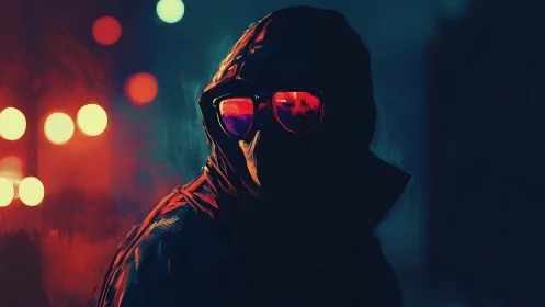 Hooded figure in red jacket and glasses at night street.