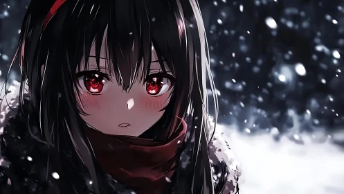 Red eyed girl stands silent in softly falling winter snow