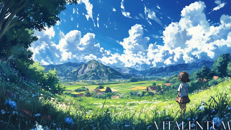 Child surveys sunlit valley under towering summer clouds.