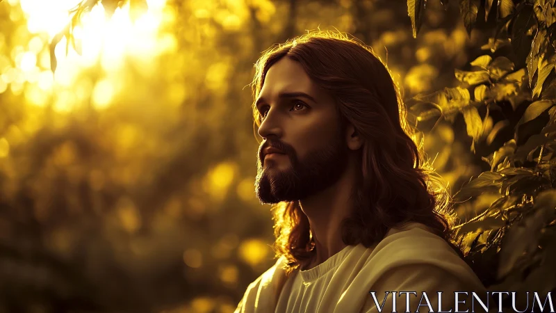 Radiant robed figure gazes heavenward in golden sunset forest.