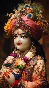 Divine Krishna idol glows in rich jewels and fragrant blossoms