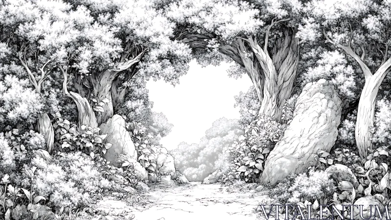 Forest Sanctuary: Ancient Trees Frame Forest Path.