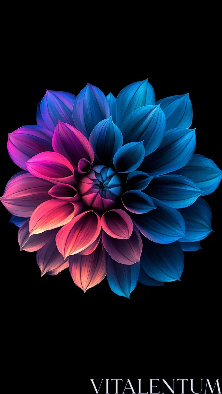 Radiant neon dahlia bloom on deep black void background.