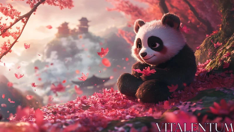 Soft-lit stylized panda among dense cherry blossoms in layered depth