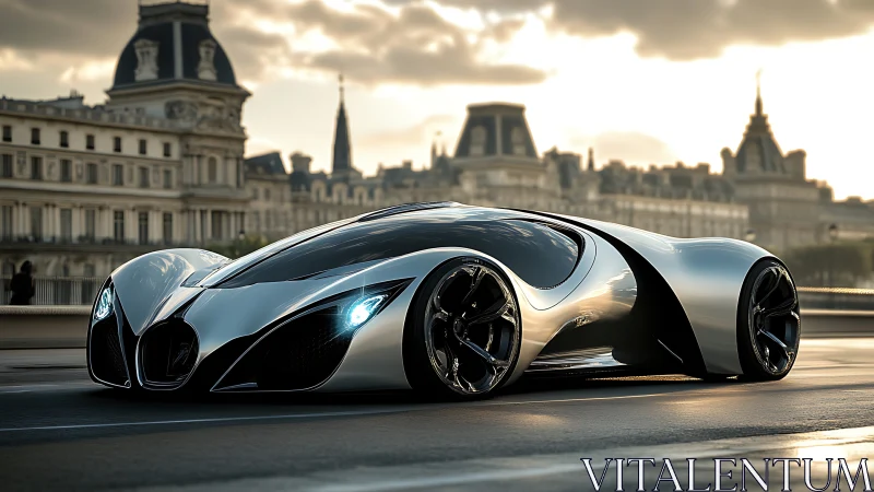 Futuristic silver supercar on city street at sunset.