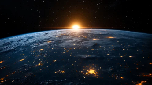 Low-orbit sunrise over illuminated Earth cities and starfield