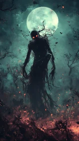 Moonlit shadow demon stalks a burning haunted forest