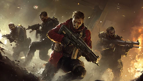 Undead tactical squad advances through burning warzone.