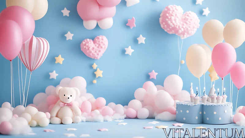 Whimsical Birthday Party Scene: 3D Rendered Celebration with Pastel Balloon Arrangements.