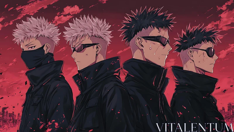 Four anime antiheroes under red apocalyptic sky line up.