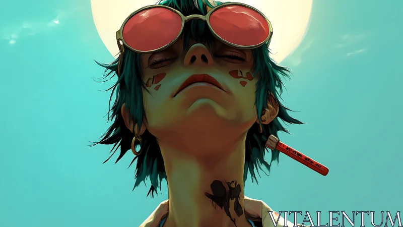 Cel-shaded rebel portrait under harsh turquoise sky.