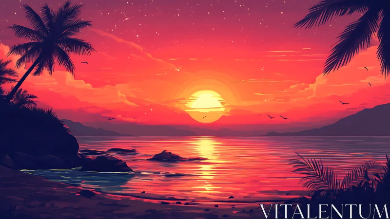 Digital coastal sunset scene depicts stylized tropical shore