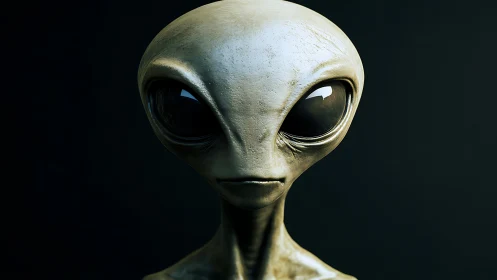 Hyperreal frontal portrait of classic grey alien rendered in 3D