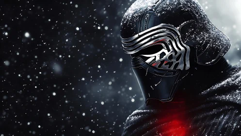 Snow-dusted dark warrior brooding in a frozen galaxy storm.