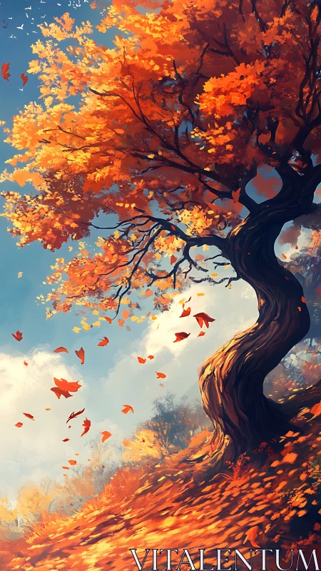 Golden autumn tree dancing on a sunlit hillside.