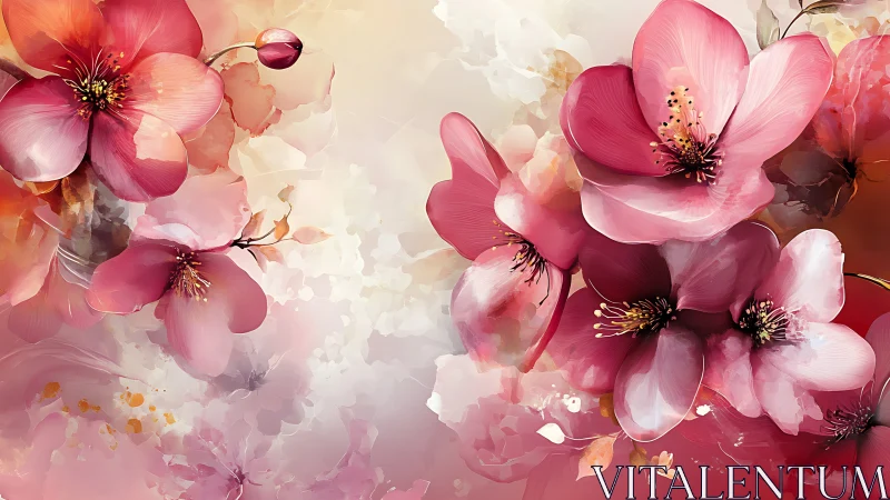 Soft pink blossoms drift gently across a dreamy sky