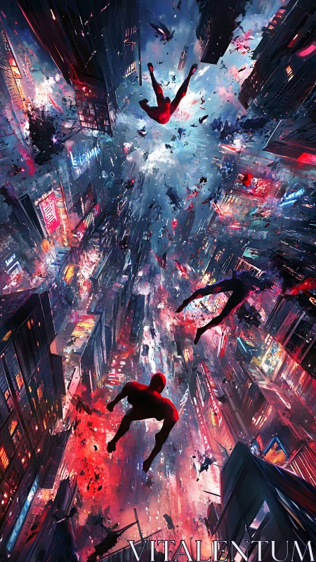 Figures fall through distorted neon cityscape toward light