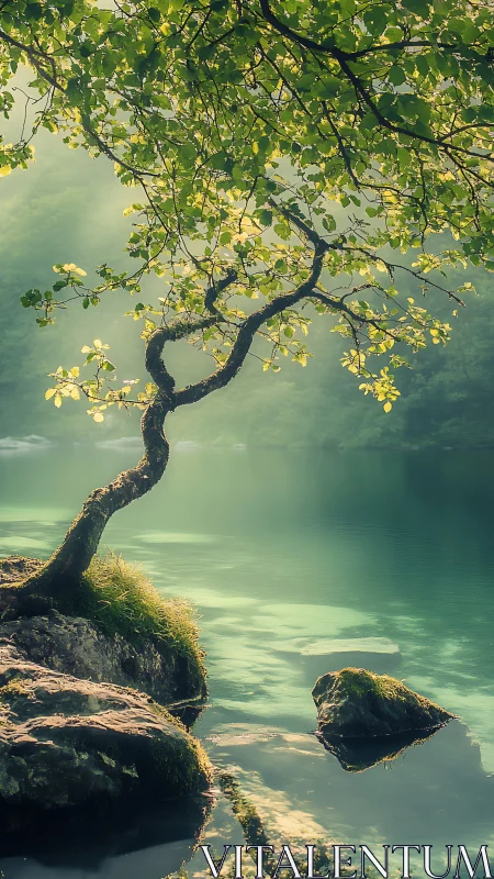 Curved lakeside tree leans into misty turquoise quiet