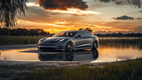 Electric sedan gleams beside lakeside water at sunset.