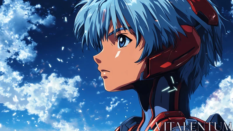 Blue‑haired pilot gazes skyward in luminous anime scene.