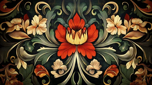 Ornate symmetrical floral motif in rich baroque arabesque style.