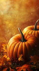 Golden autumn pumpkins glowing in swirling leaf light.