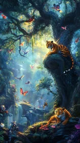 Tigers and butterflies in dense forest with waterfalls scene.