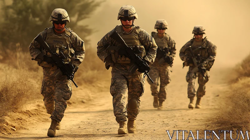 Confident soldiers walk together along a dusty desert trail