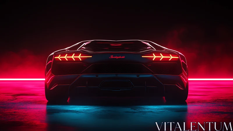 Futuristic sports car rear view under neon red and blue lighting