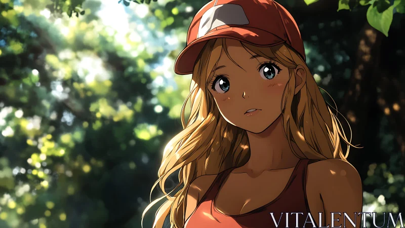 Sunlit anime hiker with red cap in dappled forest light.
