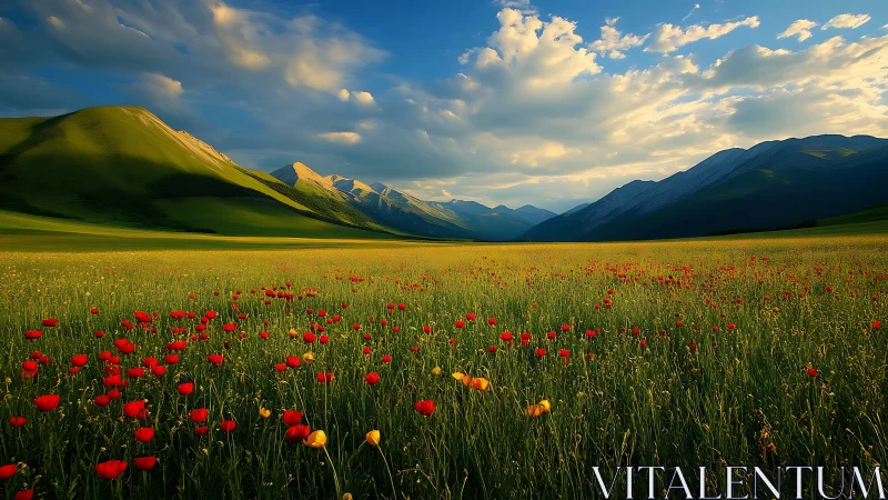 Mountain valley meadow with red wildflowers under sky.