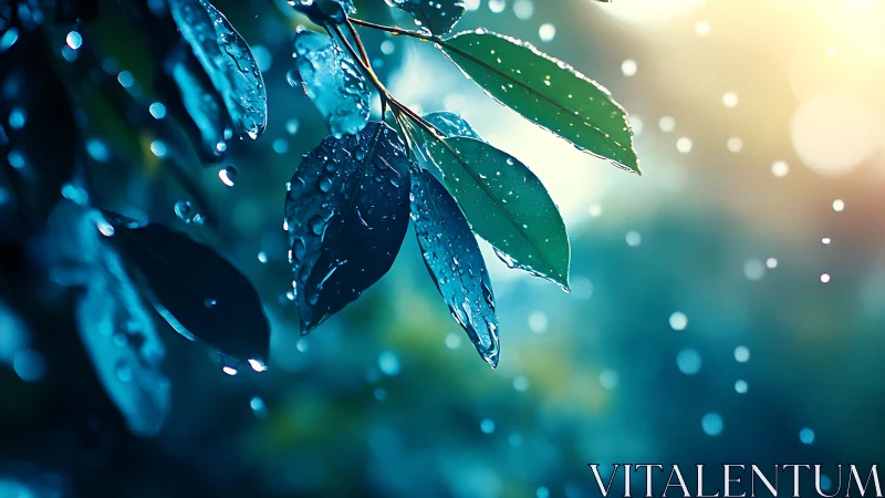 Raindrops cling to glowing green leaves in soft evening light