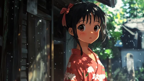 Anime courtyard portrait in warm bokeh lighting composition.