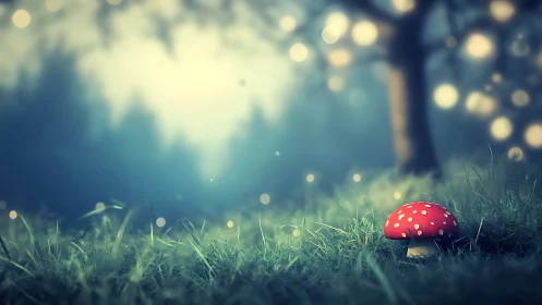 Enchanted red mushroom under glowing forest bokeh light.